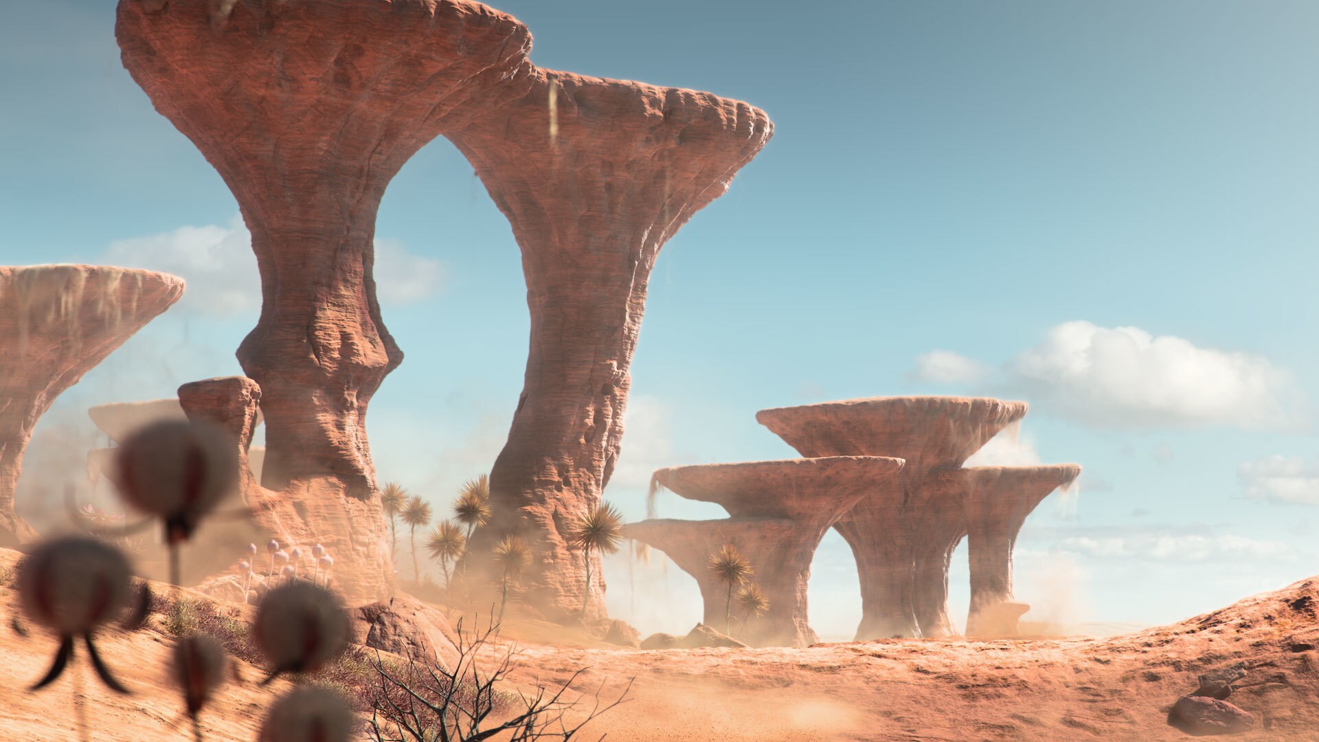 Still image of a Kumandra desert landscape, from "Raya and the Last Dragon."