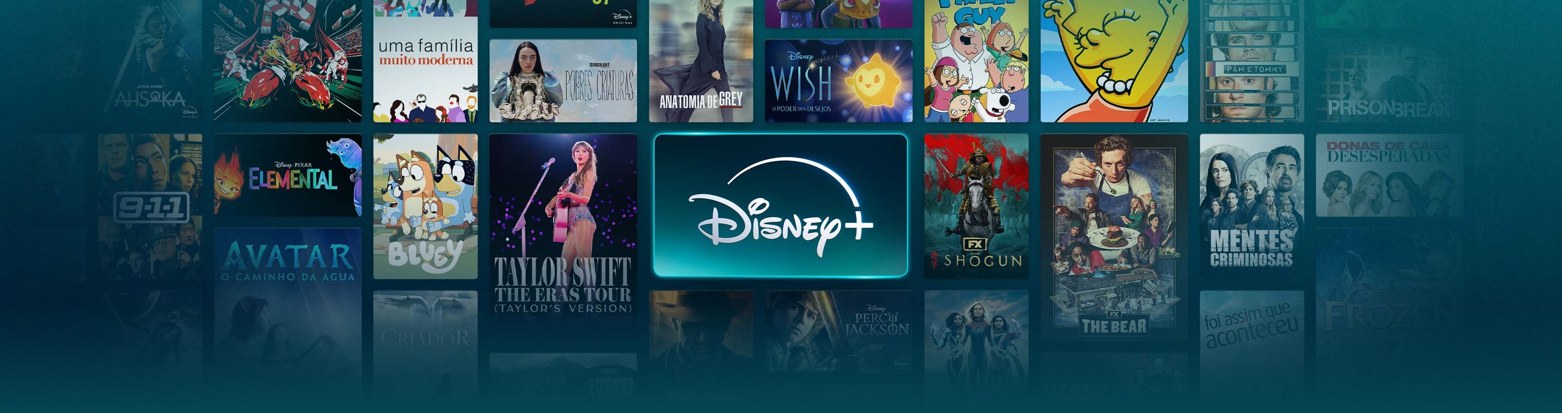 Mosaico a mostrar uma grande seleção de conteúdos disponíveis no Disney+