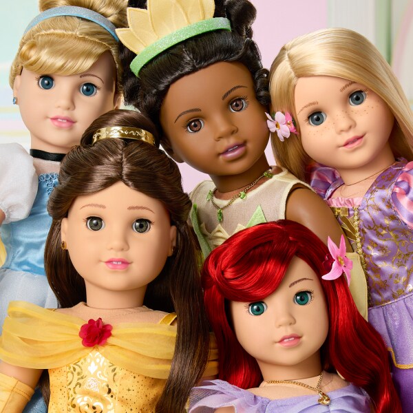 Image of the American Girl® Disney Princess dolls Cinderella, Belle, Tiana, Ariel, and Rapunzel.