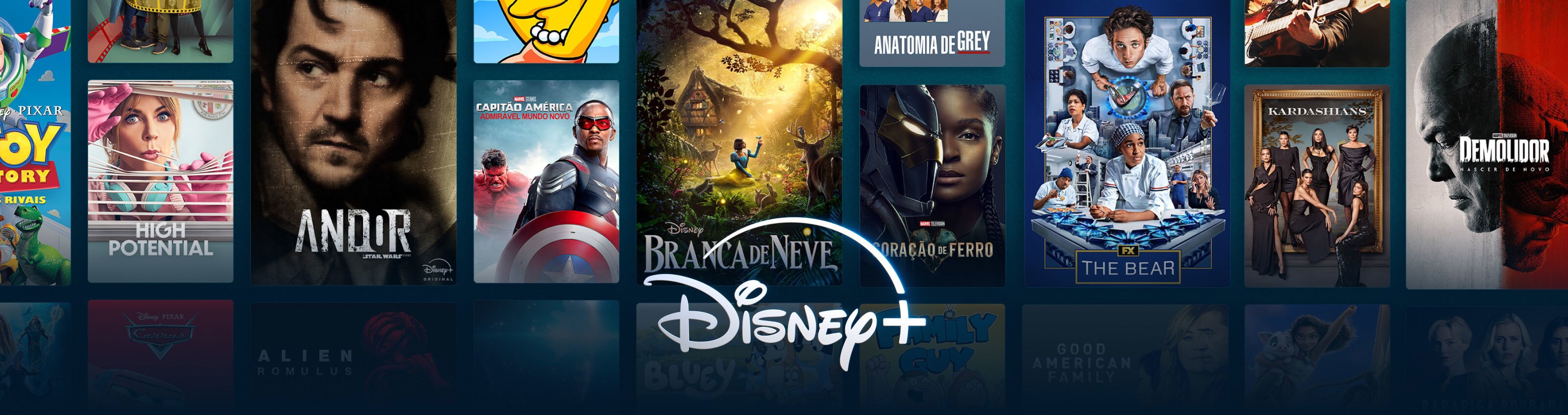 Mosaico a mostrar uma grande seleção de conteúdos disponíveis no Disney+
