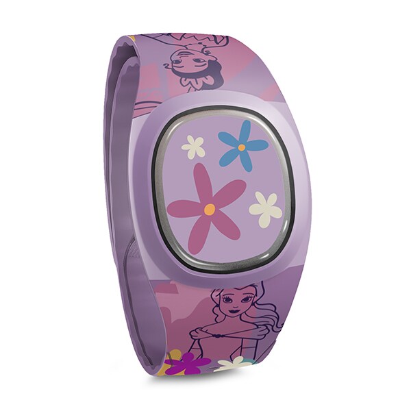 Image of a purple Disney Princess MagicBand+ decorated with flowers, Belle, and Tiana.