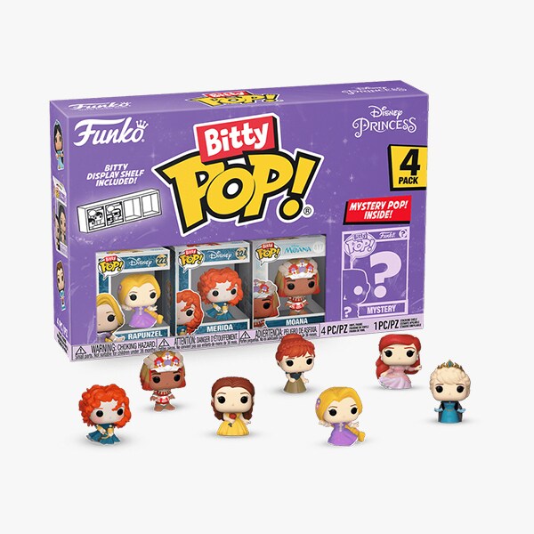 Image of a Bitty Pop! Disney Princess 4-Pack, featuring Merida, Moana, Rapunzel, Belle, Anna, Ariel, and Elsa.