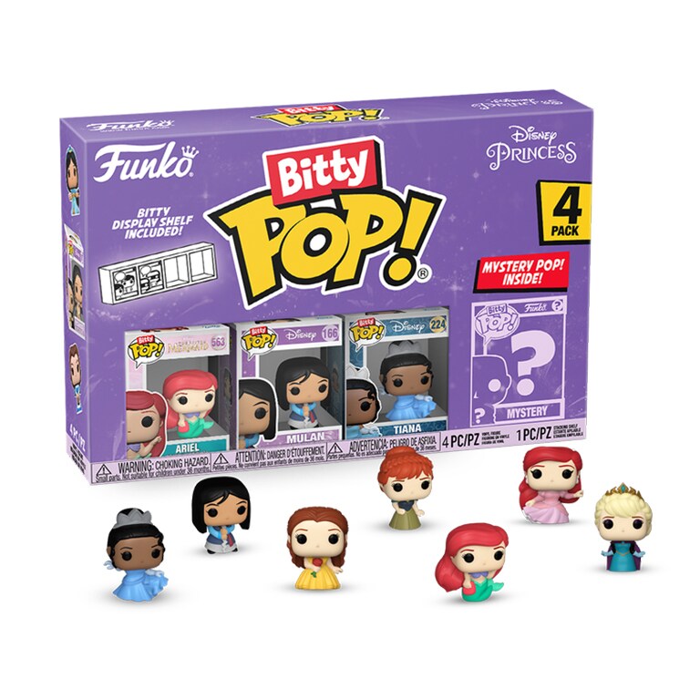 BITTY POP! Disney Princess 4-Pack product image featuring Tiana, Mulan, Belle, Anna, Ariel, and Elsa figurines.