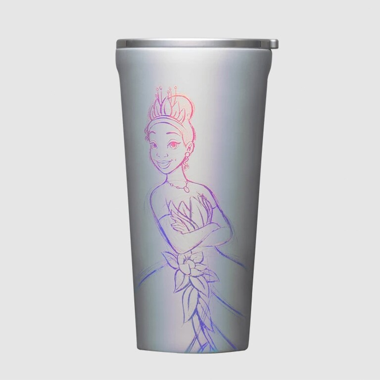 Image of a Corkcicle tumbler featuring a sketch of Tiana.