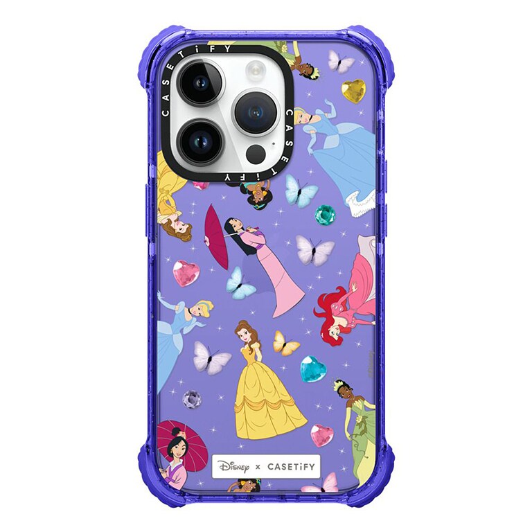 Image of a Disney x Casetify purple phone case decorated with Disney Princesses and butterflies.