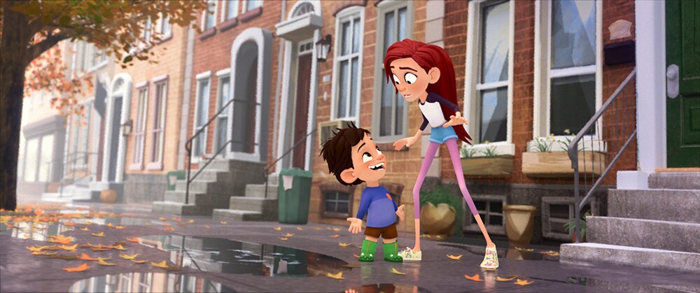 characters from the short film Puddles in front of brownstones 