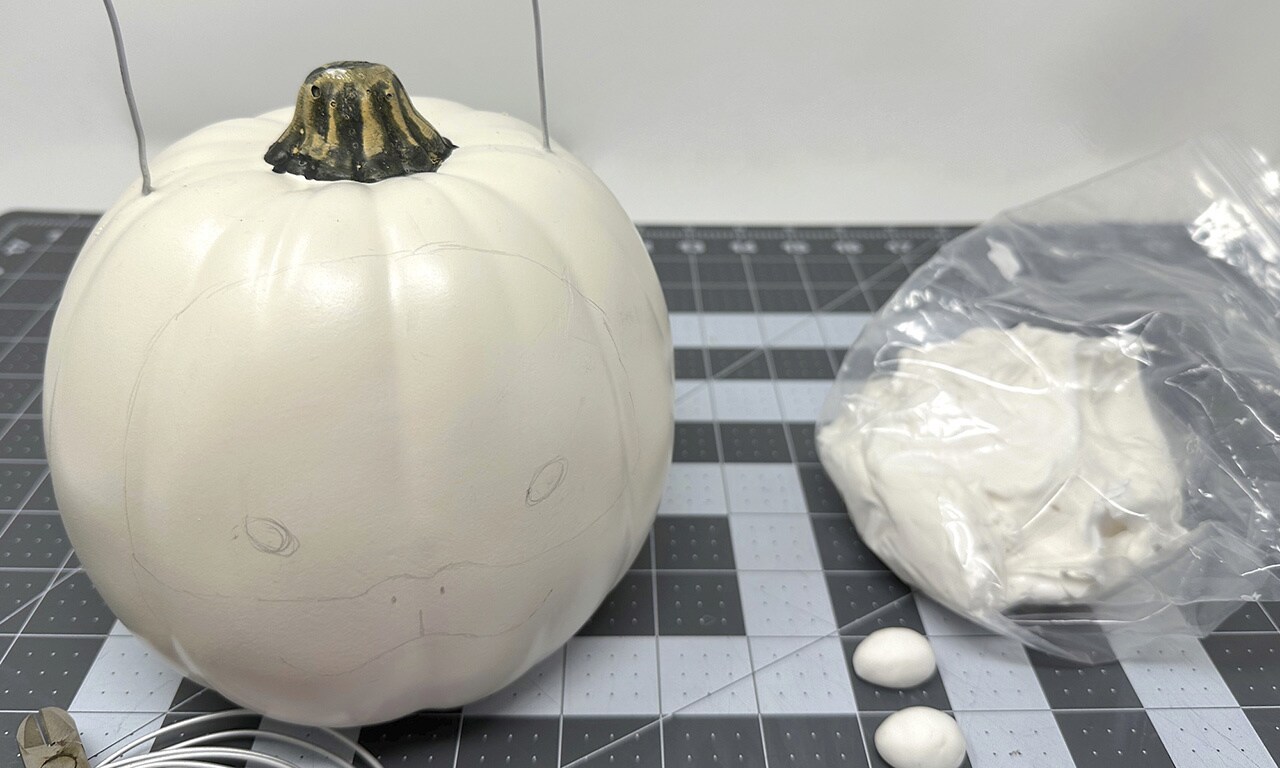 Gently pierce the pumpkin with the pushpin on either side of the stem where you’d like the center of the ears to be.