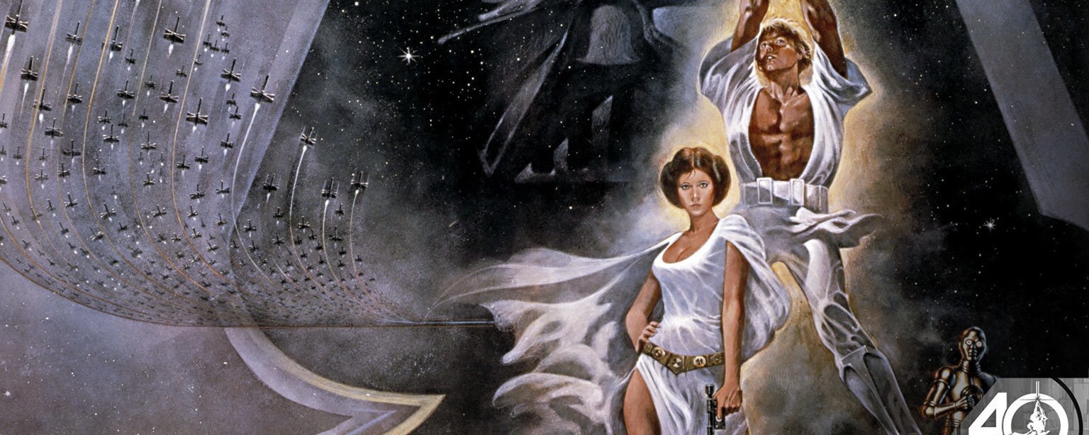 Luke raises a lightsaber over his head and Princess Leia poses with blaster, in the art for the 1977 Star Wars poster.