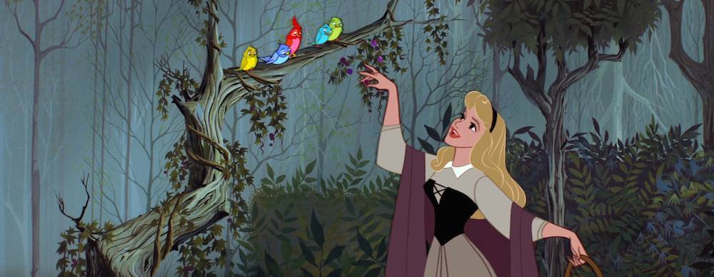 Sleeping Beauty talking to birds in the woods 