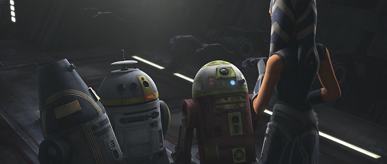 Tano moves through the ship, and finally finds a group of droids: R7-A7, RG-G1, and CH-33P. They ...
