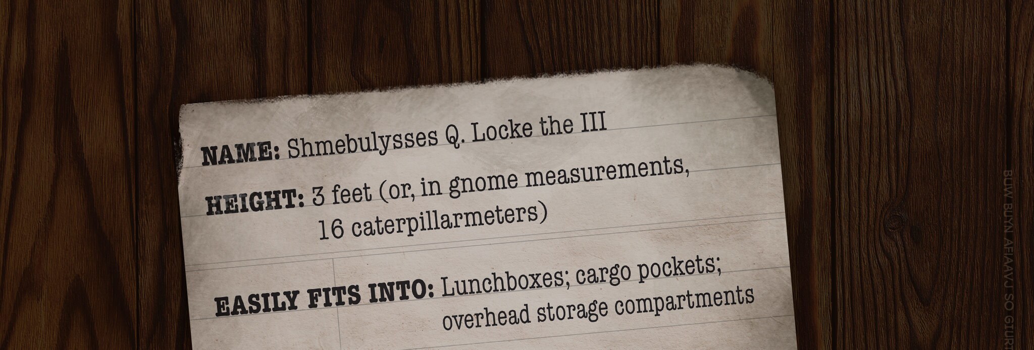 NAME: Shmebulysses Q. Locke the III HEIGHT: 3 feet (or, in gnome measurements, 16 caterpillarmeters) EASILY FITS INTO: Lunchboxes; cargo pockets; overhead storage compartments OFTEN MISTAKEN FOR: An old baby SHUNNED FROM: Greasy’s Diner/Society ARCHENEMY: Xgqrthx the Vowelless, a dark warlock who got in a fight with Shmebulock over whose beard was grayer and cursed him to only speak his own name. The curse can only be defeated if Shmebulock casts the Orb of Elvynmore into the Chasm of Garlock, but the orb is superheavy, and, like, the Chasm of Garlock is a major commute.