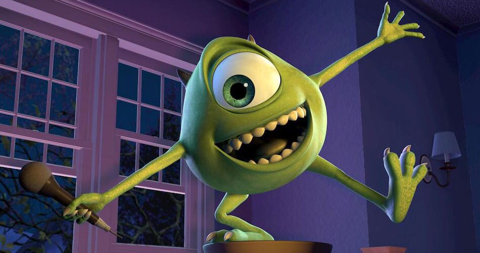 Mike Wazowski doing standup on a chair in the animated movie "Monsters, Inc."