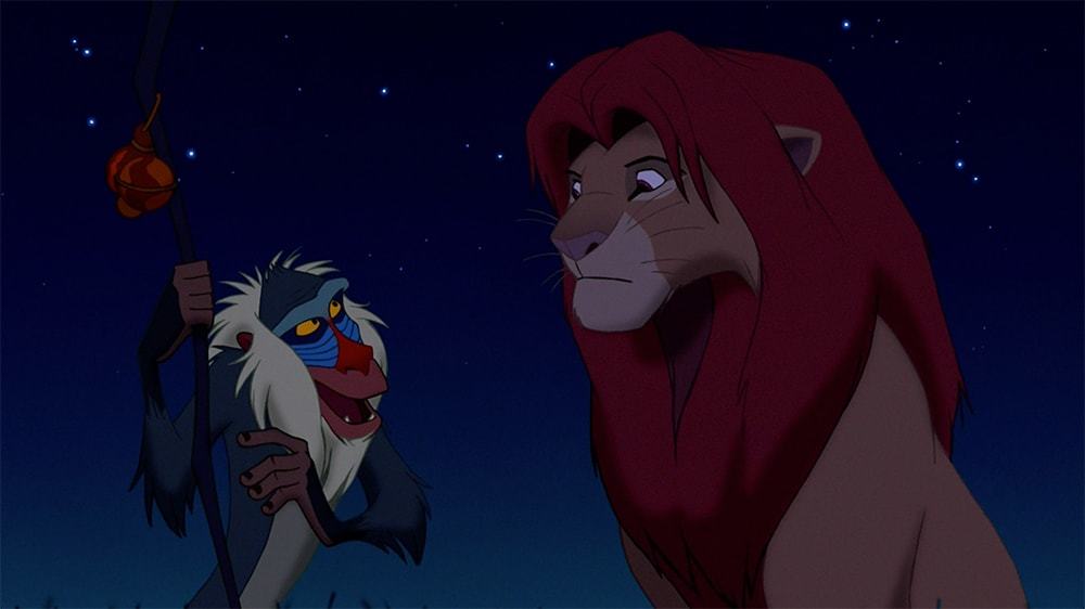 Rafiki talking to Simba in the animated movie "The Lion King"