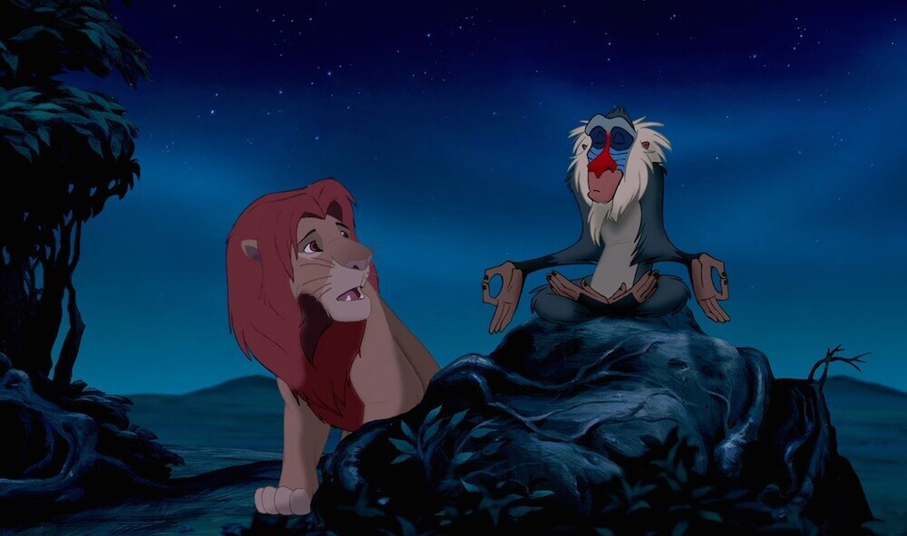 Simba looking at Rafiki meditating in the animated movie "The Lion King"