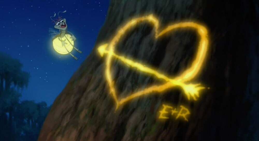 Ray and Evangeline's initials on a tree in the movie "The Princess and the Frog"