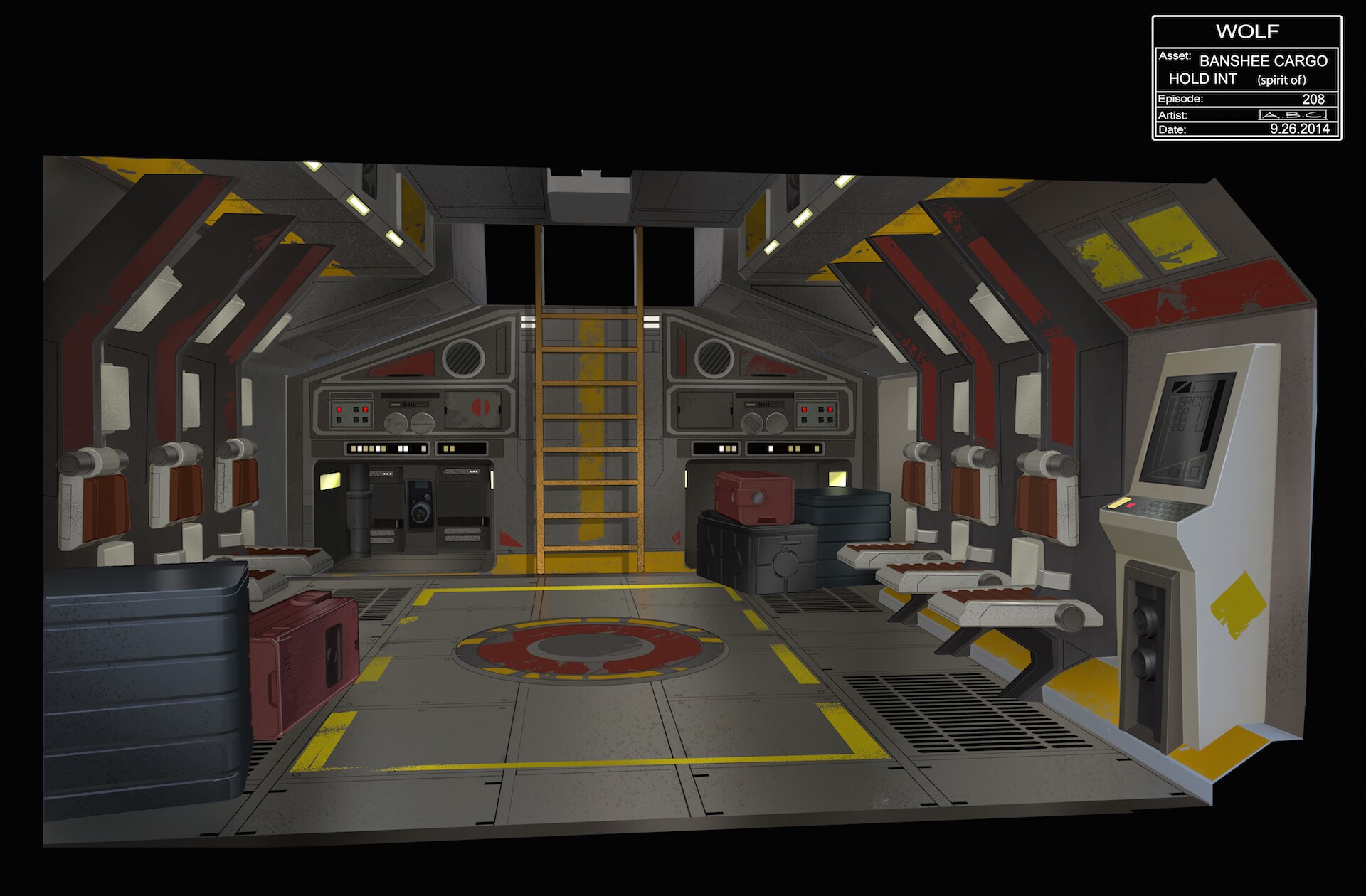 Banshee (Shadow Caster) cargo hold interior sketch by Amy Beth Christenson. 