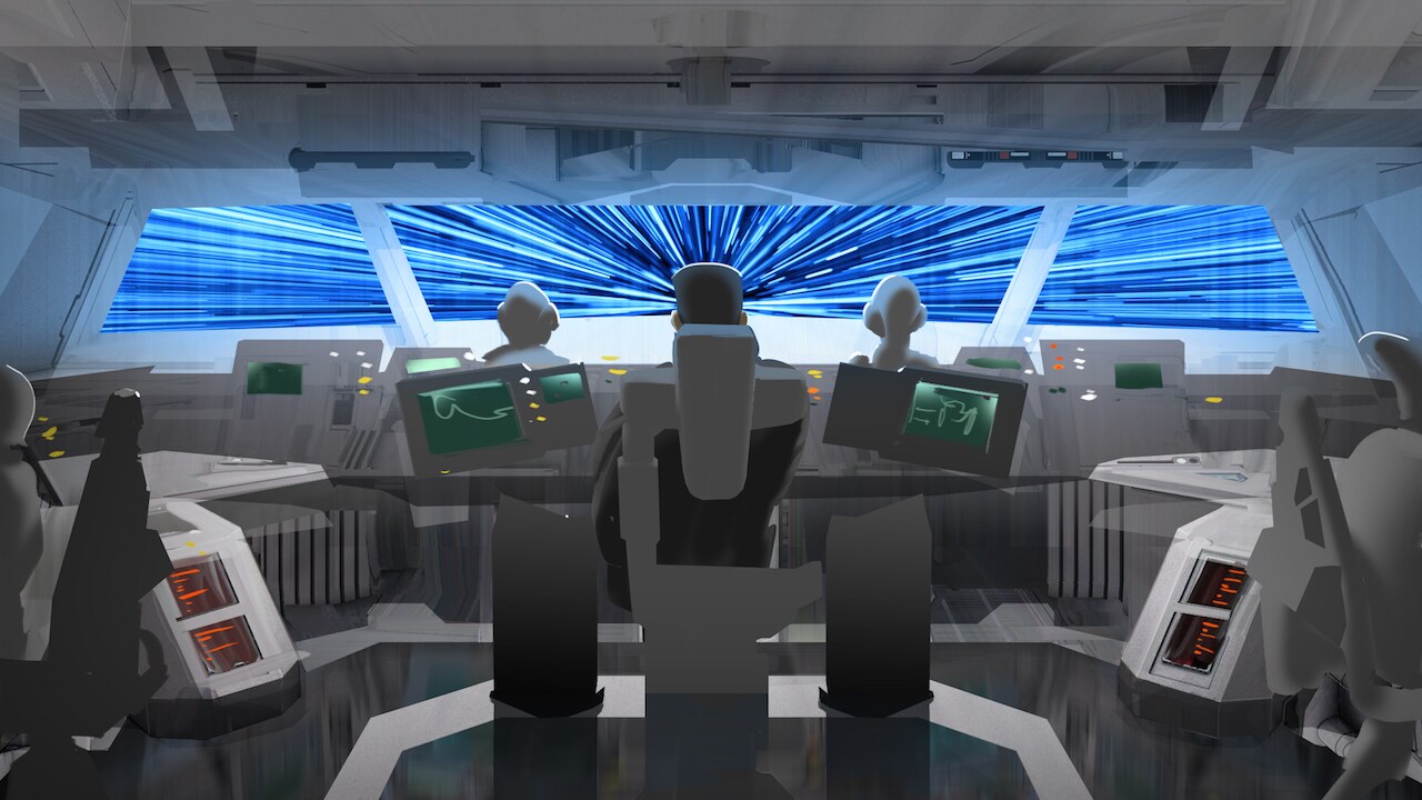 Commander Sato and crew in hyperspace digital lighting concept painting. 