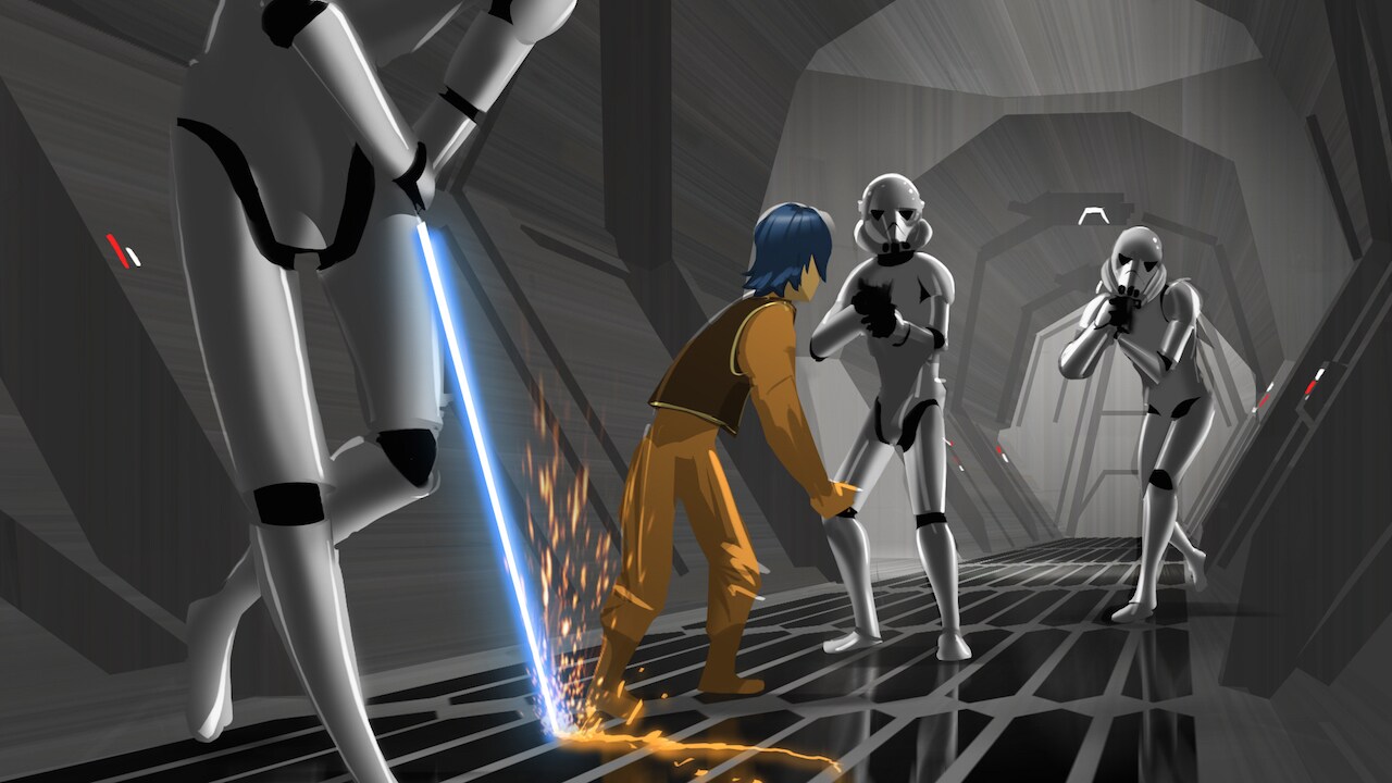 Ezra fights the stormtroopers digital lighting concept painting. 