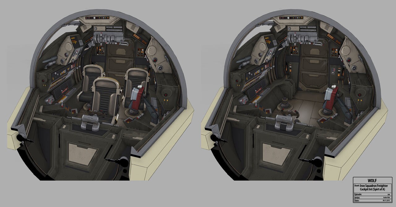 Iron Squadron freighter (Sato's Hammer) cockpit interior illustration by Andre Kirk. 