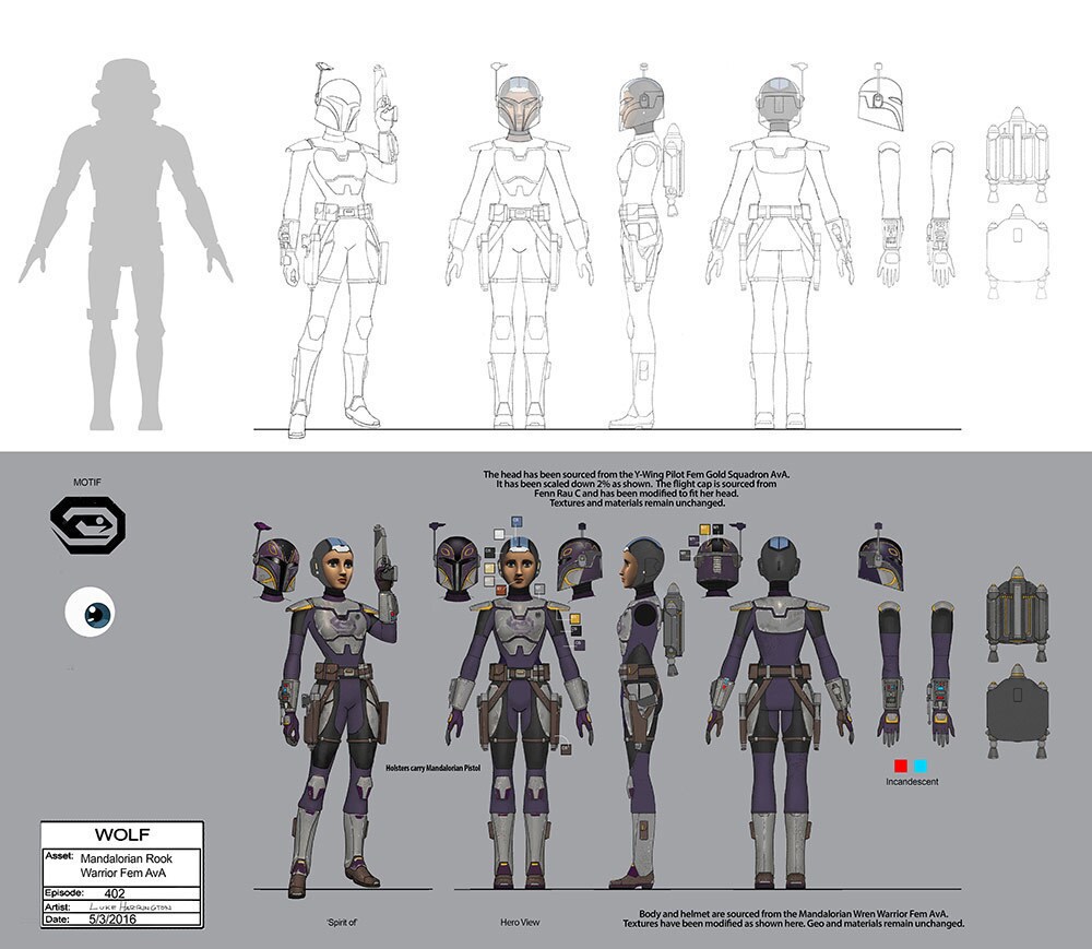 Mandalorian Rook Warrior Female full character concept art by Luke Harrington.