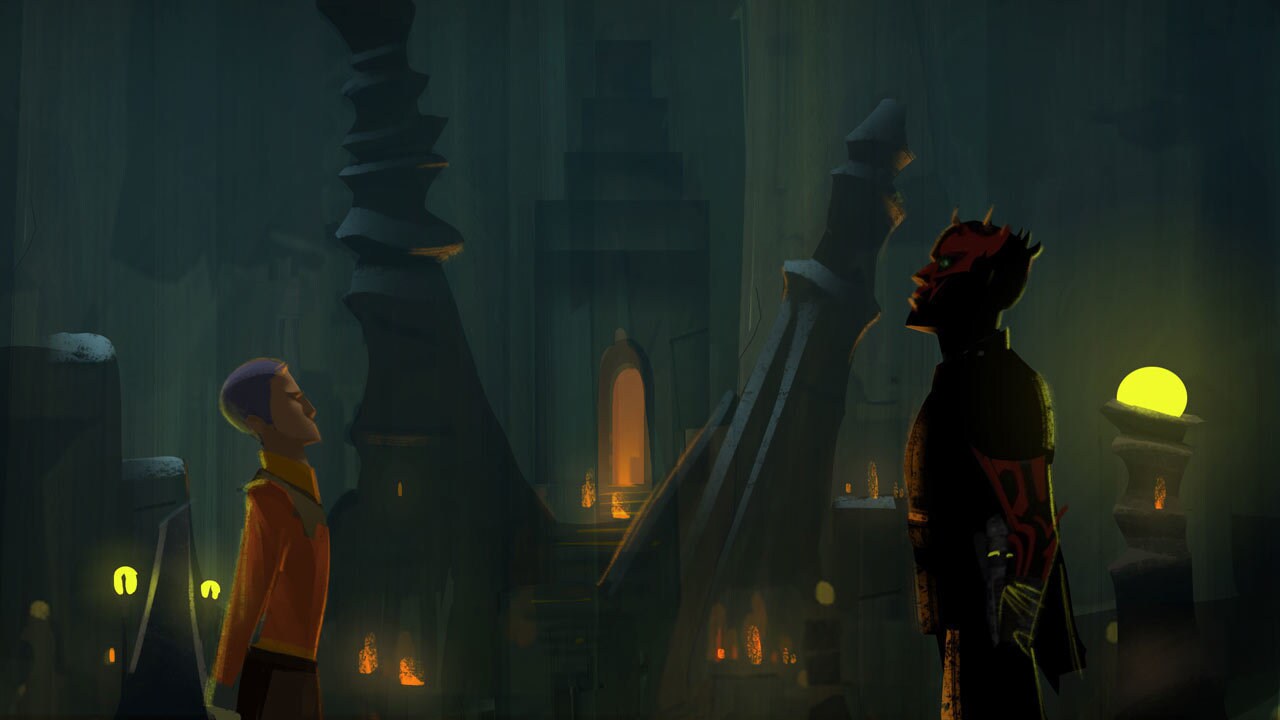 Ezra and Maul in the Dathomir cave digital lighting concept painting. 