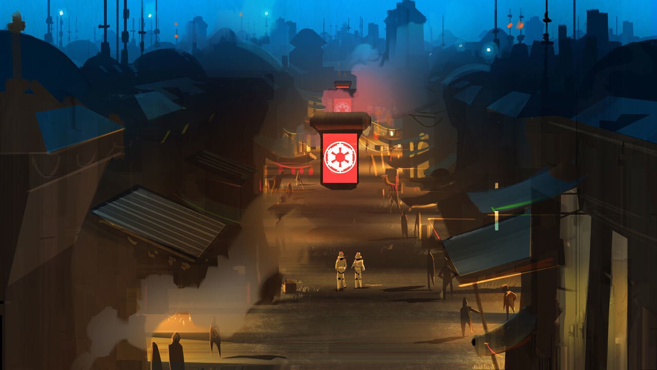 Lothal city streets digital lighting concept painting. 