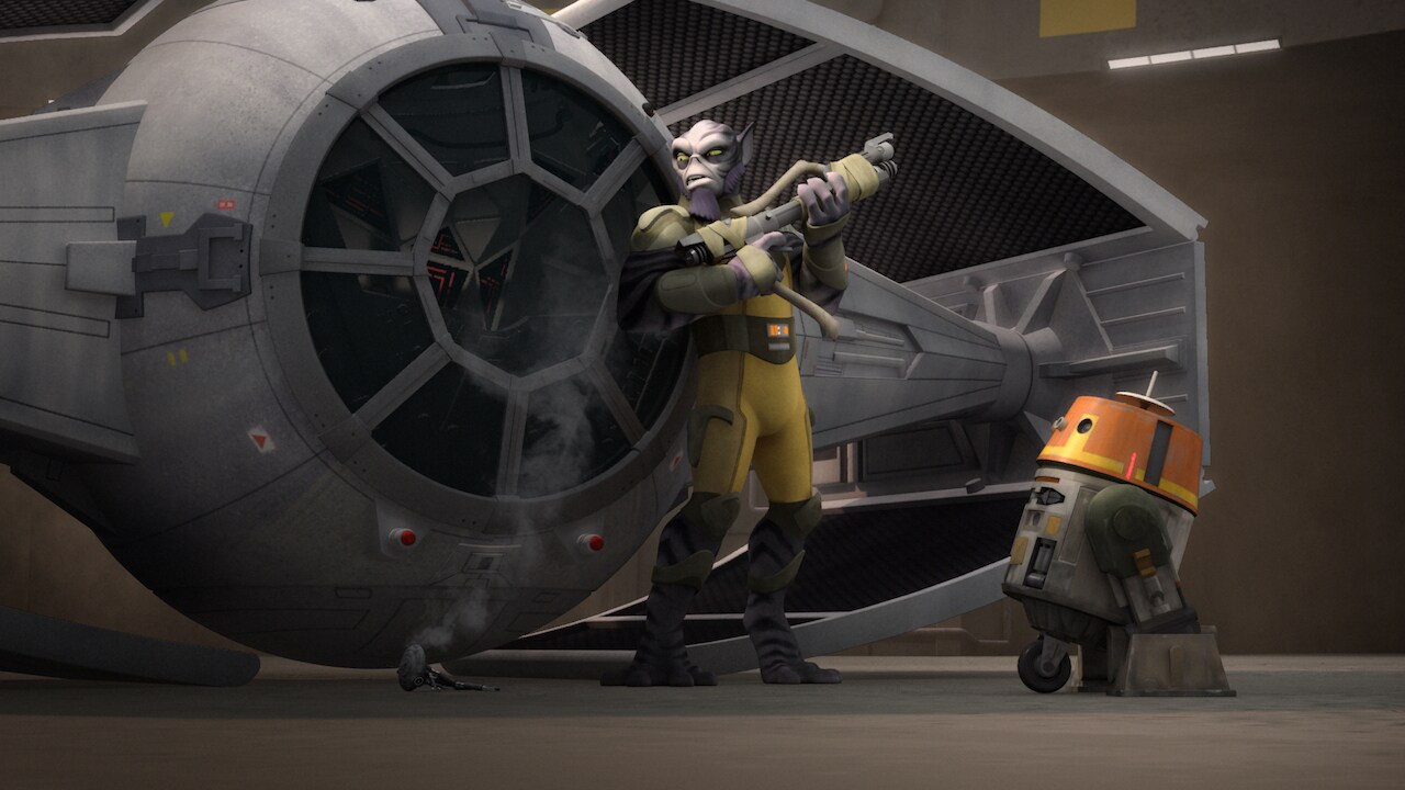 Chopper and Zeb reach their destination and find two TIE fighters accompanied by a probe droid. Z...