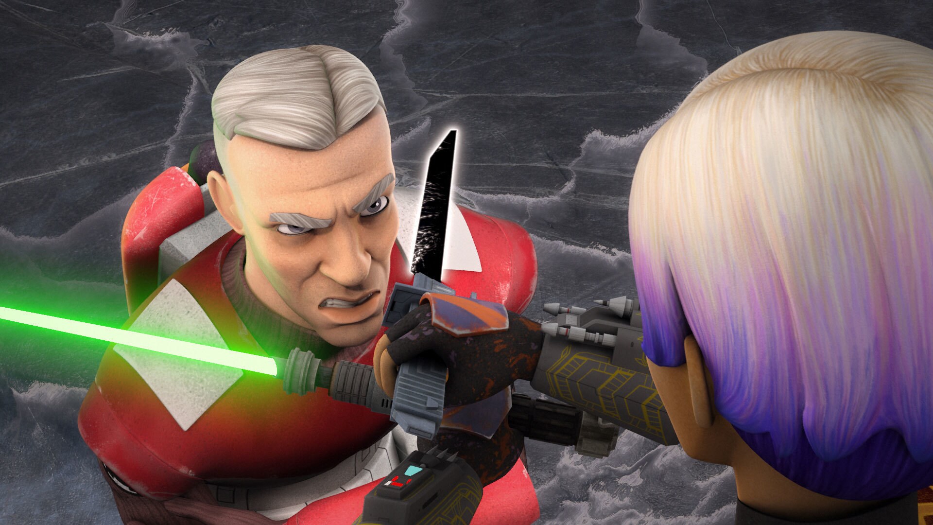 A defeated Gar Saxon at the mercy of Sabine Wren