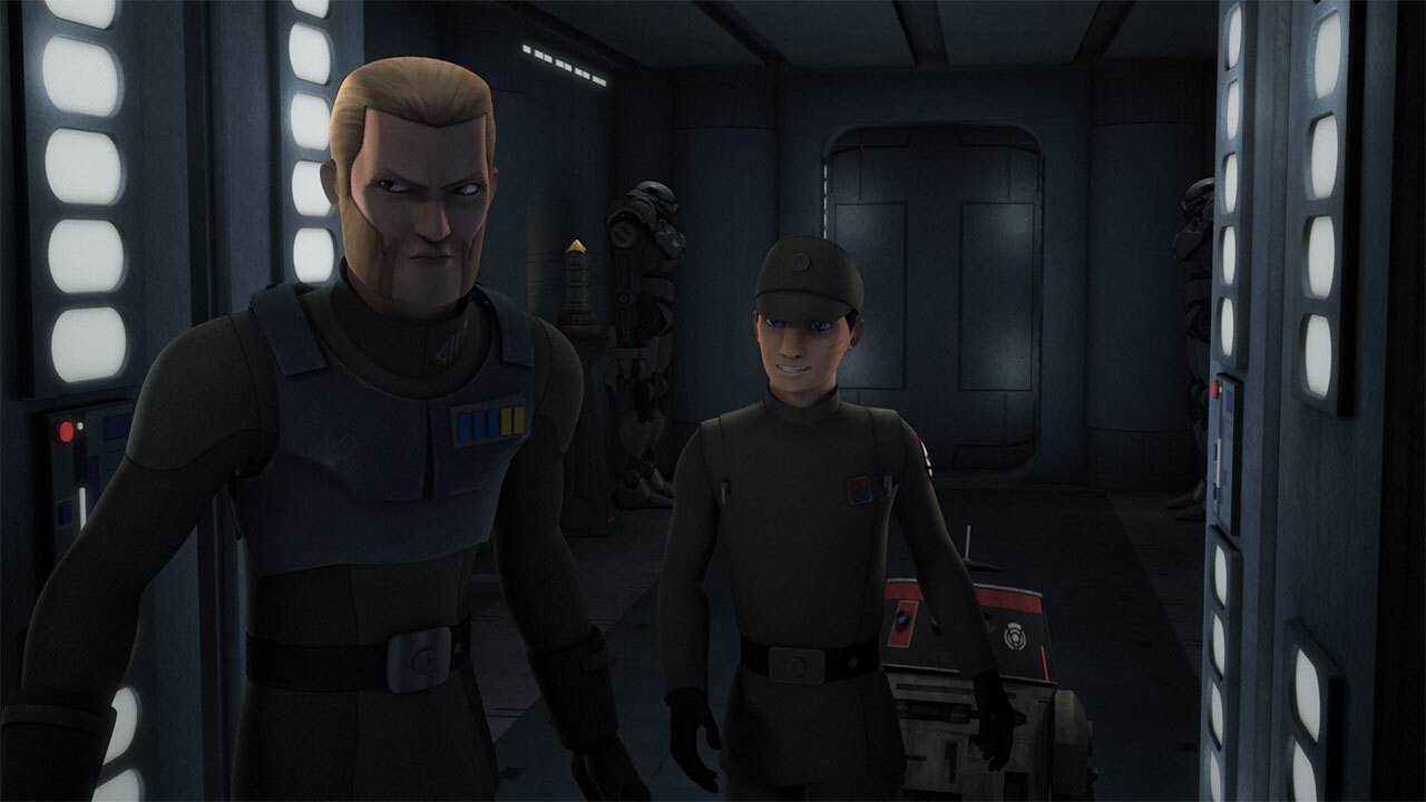 Agent Kallus as Fulcrum assisting a disguised Ezra Bridger and Chopper