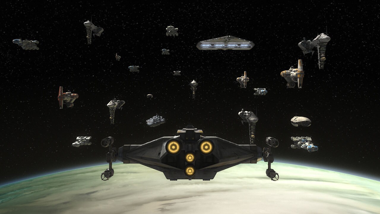 The Ghost hovering amidst the Rebel Fleet