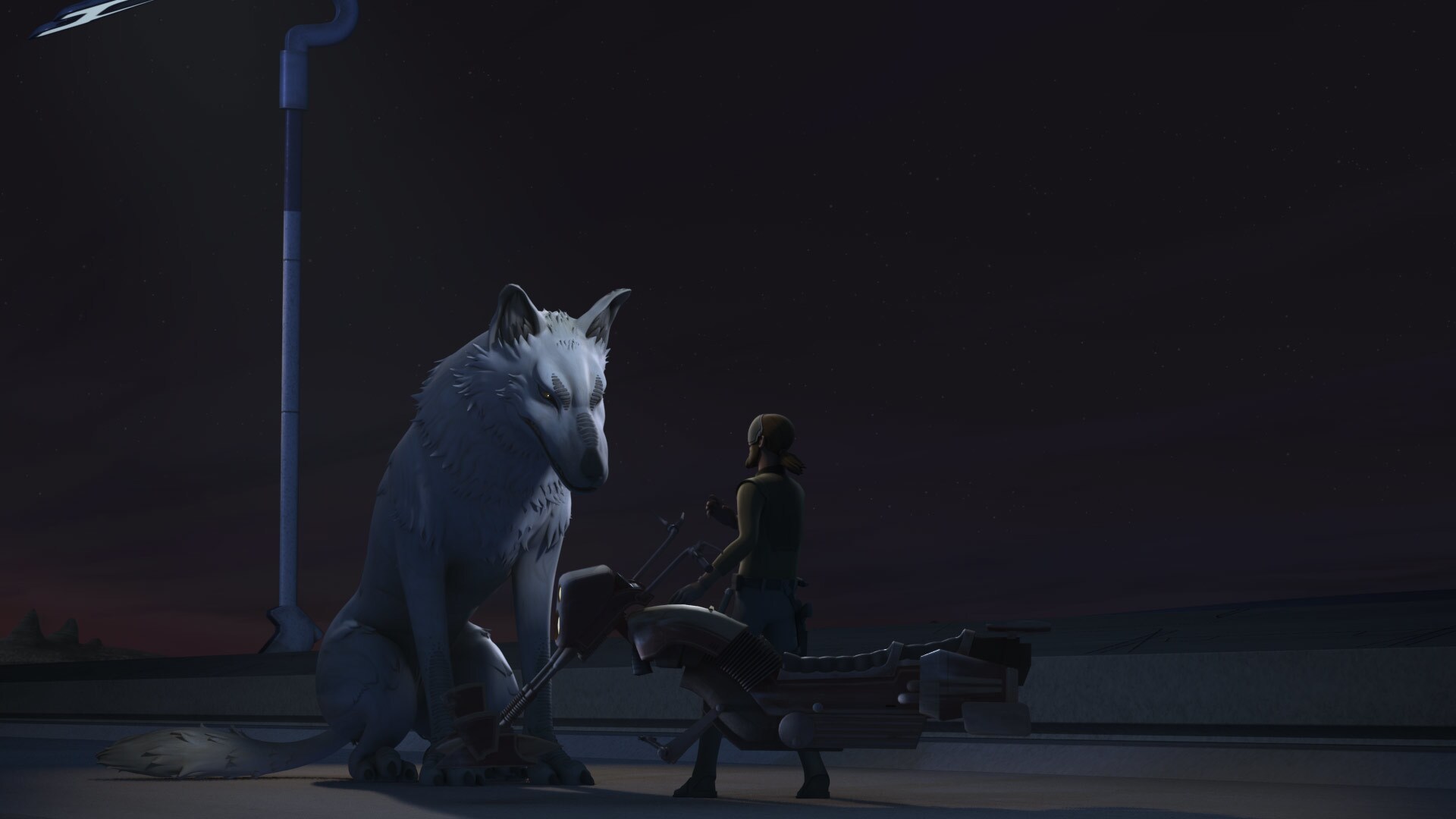 Kanan speeds over Lothal, when he suddenly encounters a Loth-wolf. "Dume," it says. "I understand...