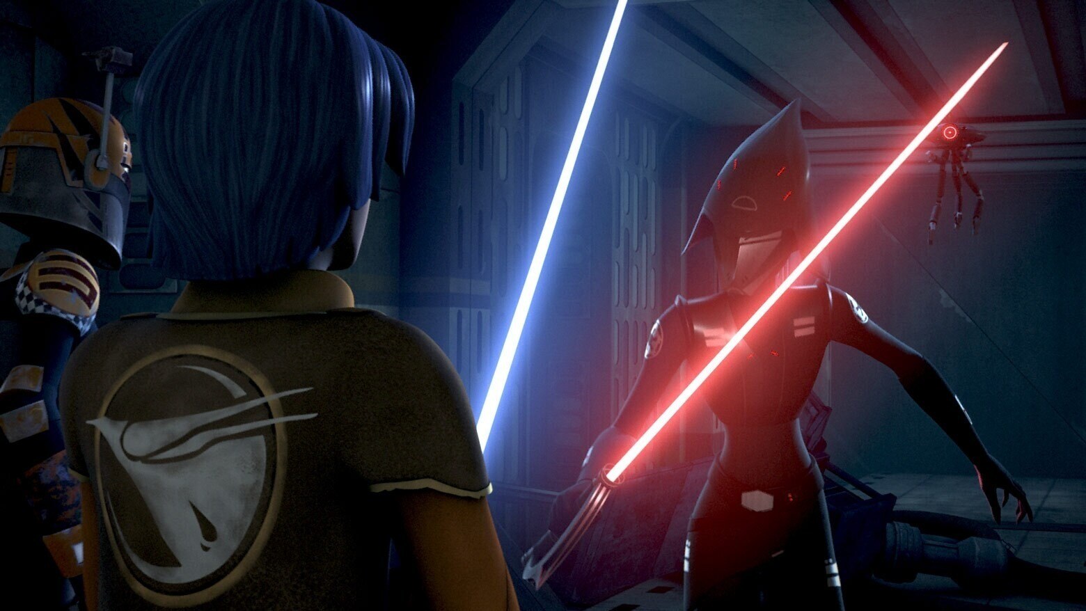 Ezra and Seventh Sister Inquisitor facing each other with light sabers Star Wars Rebels episode, Always Two There Are 