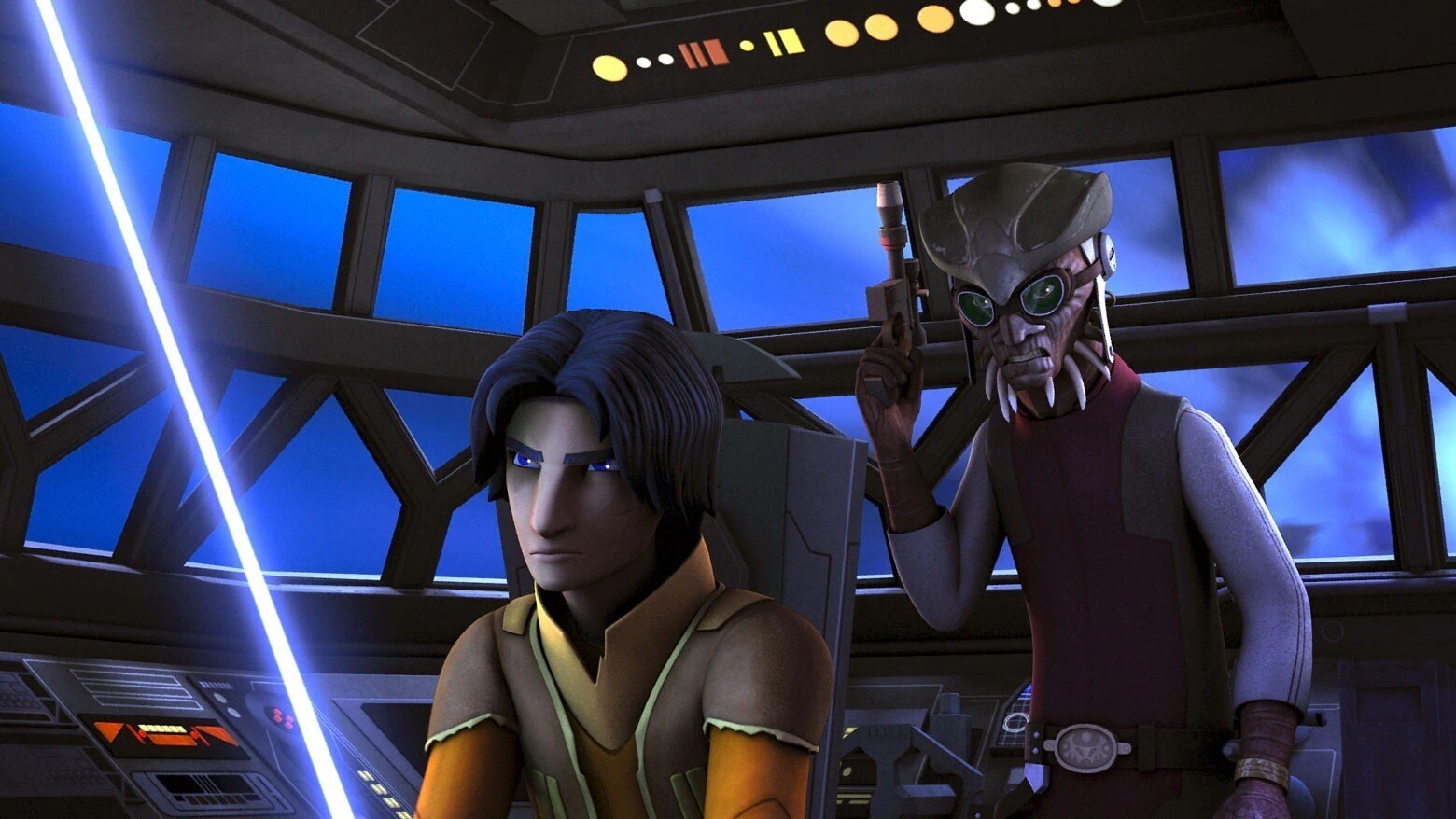 Ezra Bridger with light saber and Hondo Ohnaka in from Star Wars Rebels episode Brothers of the Broken Horn 