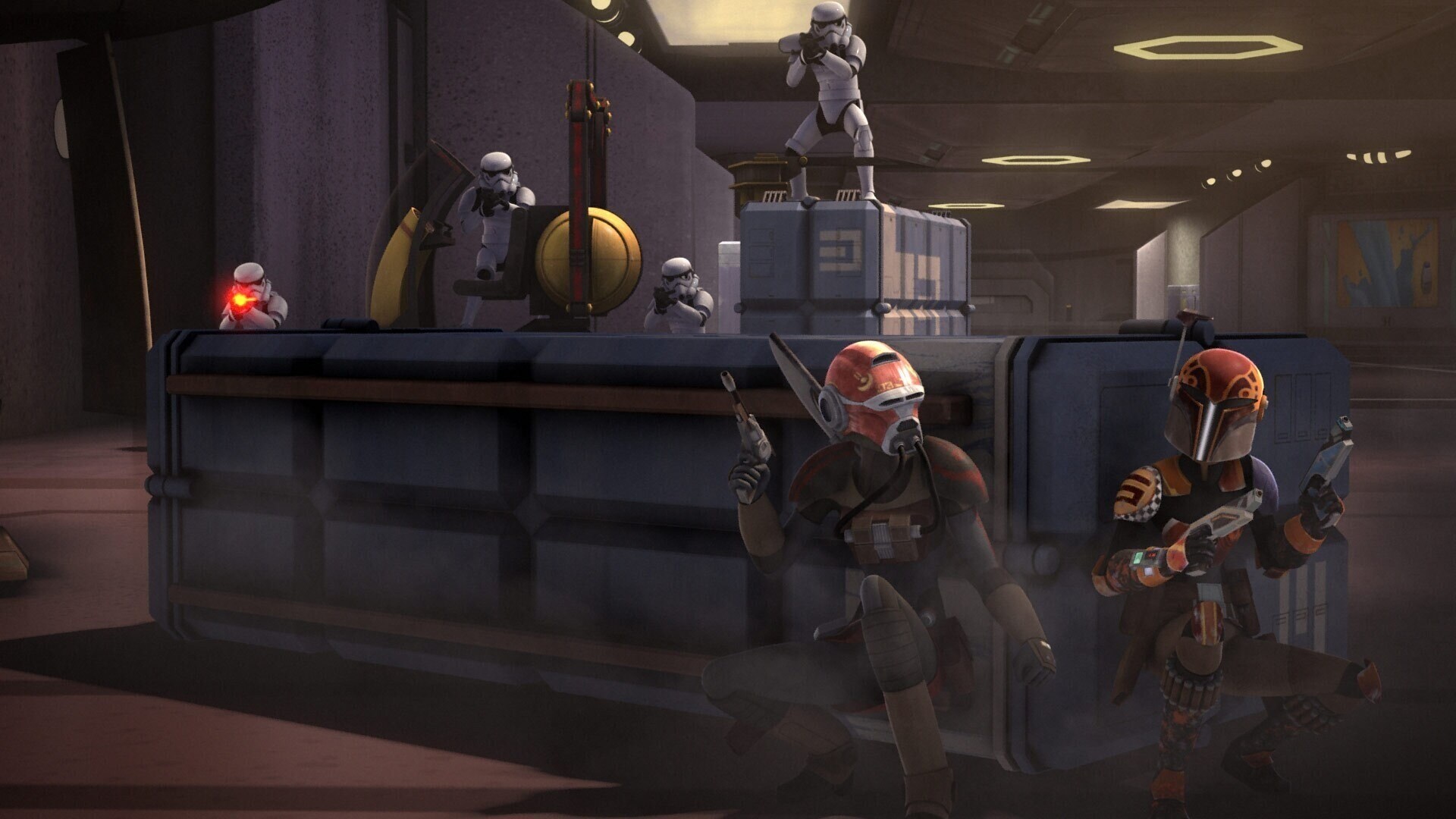 Sabine and Ketsu hiding from Stormtroops with blasters
