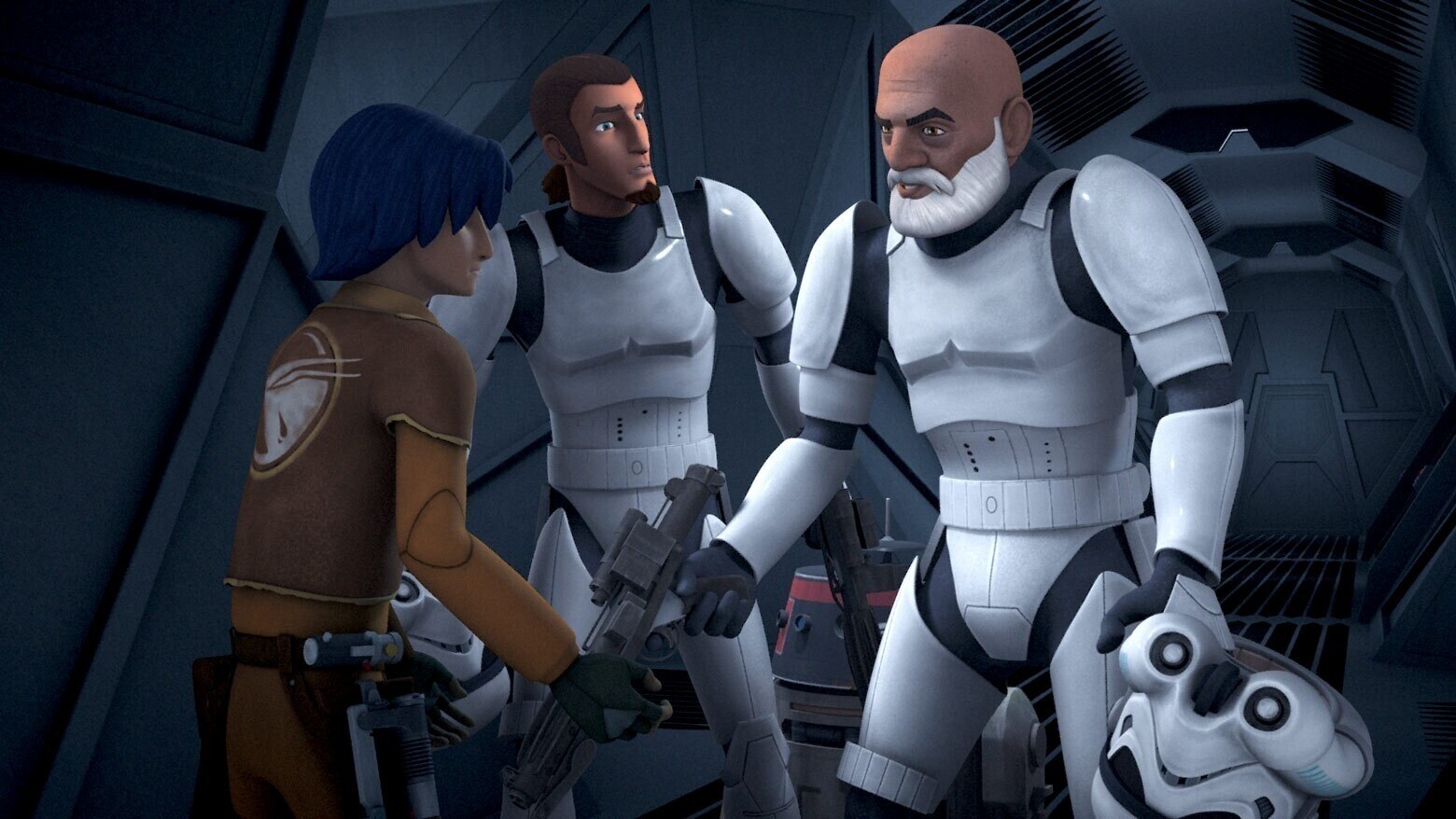 Rex and Kanan (wearing Stormtrooper armor) talking to Ezra
