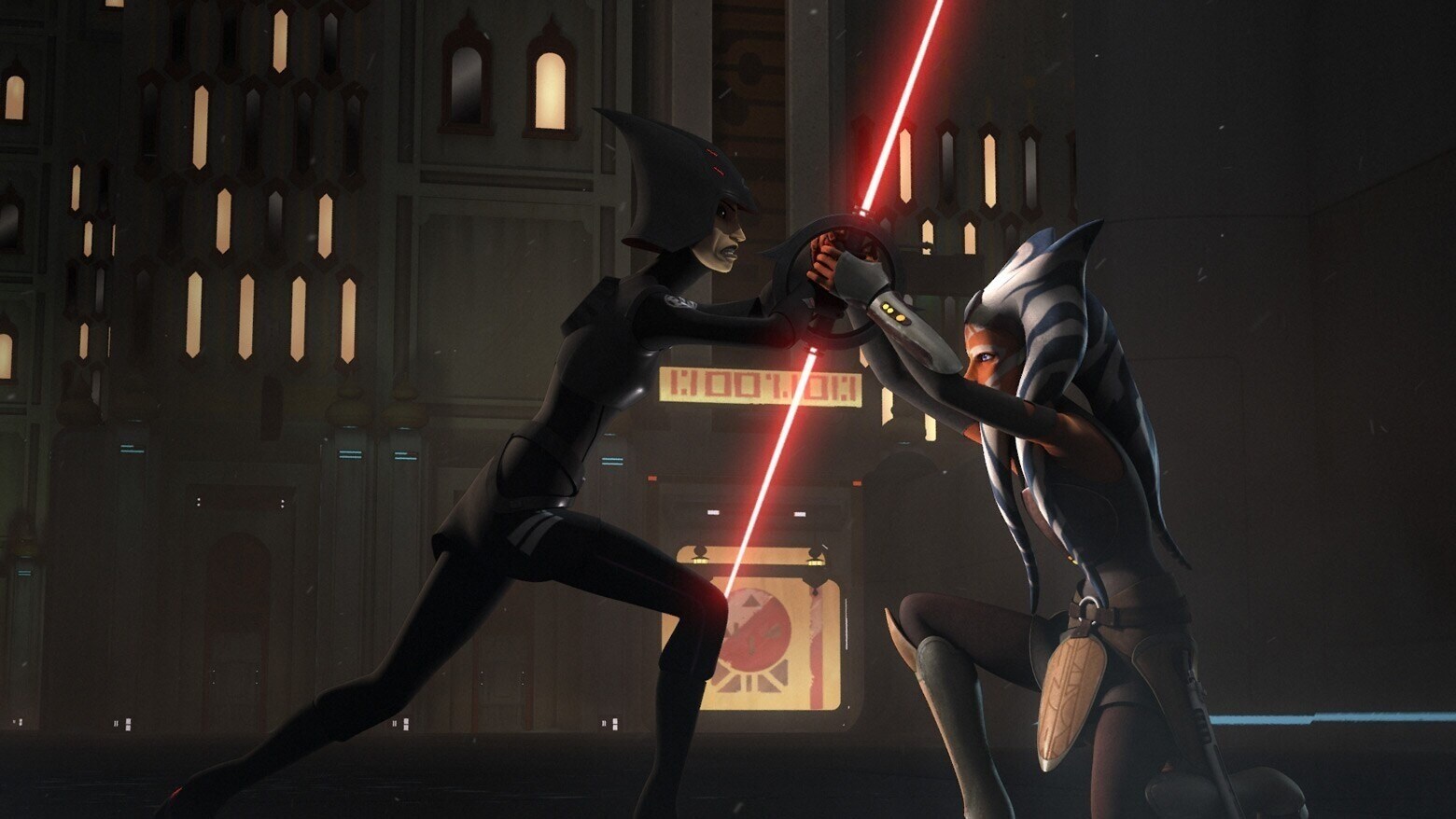 Ahsoka Tano in a lightsaber battle with an Inquisitor