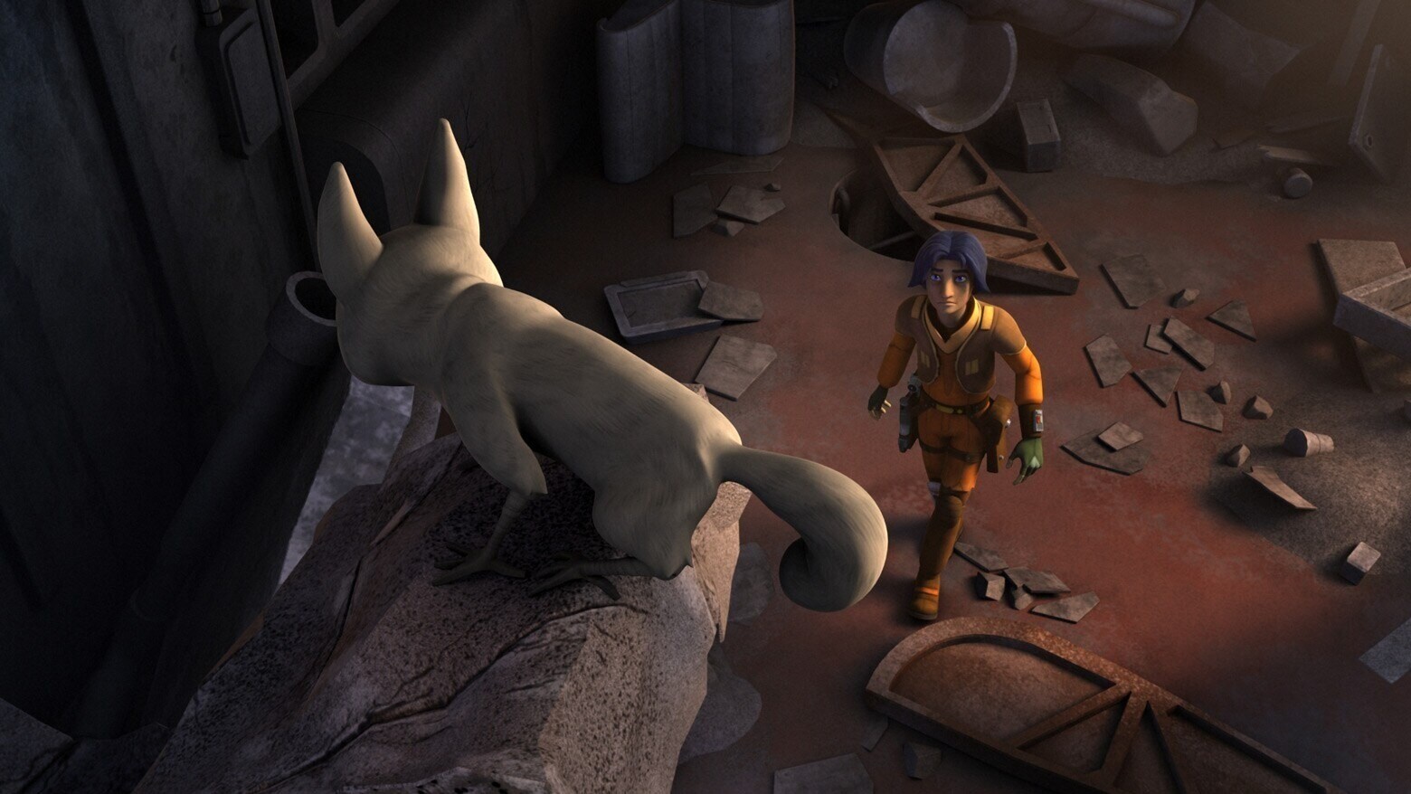 Ezra looking up at a Loth-cat on Lothal