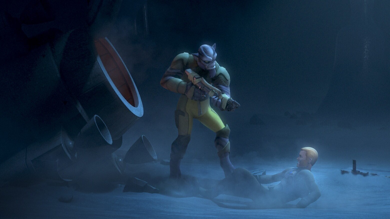 Zeb pointing a blaster at Agent Kallus while on an icy moon of Geonosis