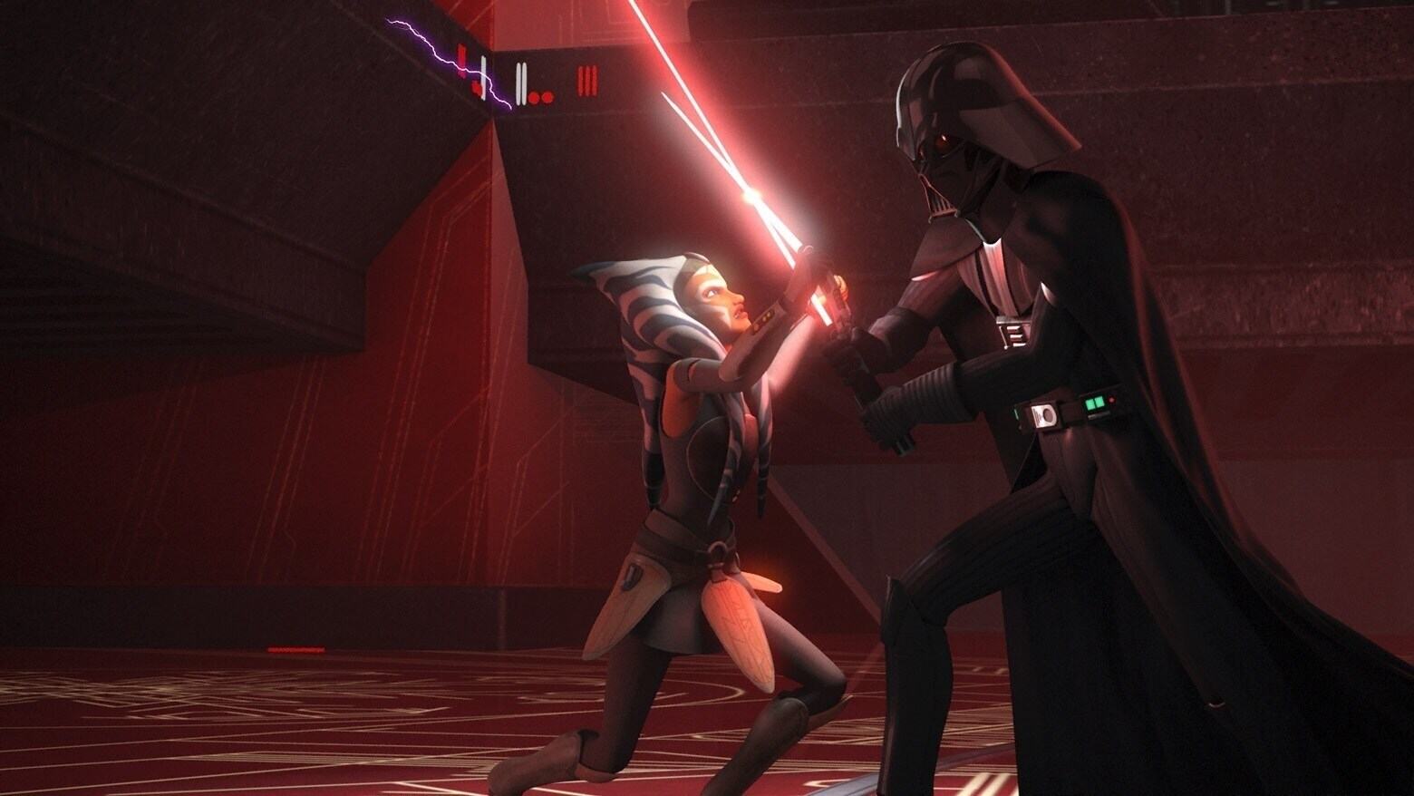 Ahsoka in a lightsaber battle with Darth Vader
