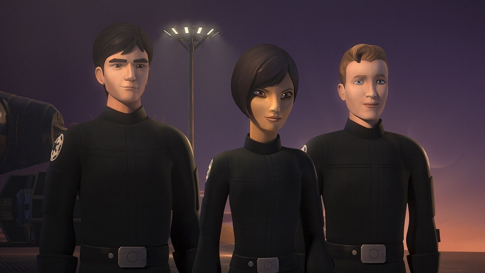 Sabine, undercover as an Imperial cadet, stands with two other cadets
