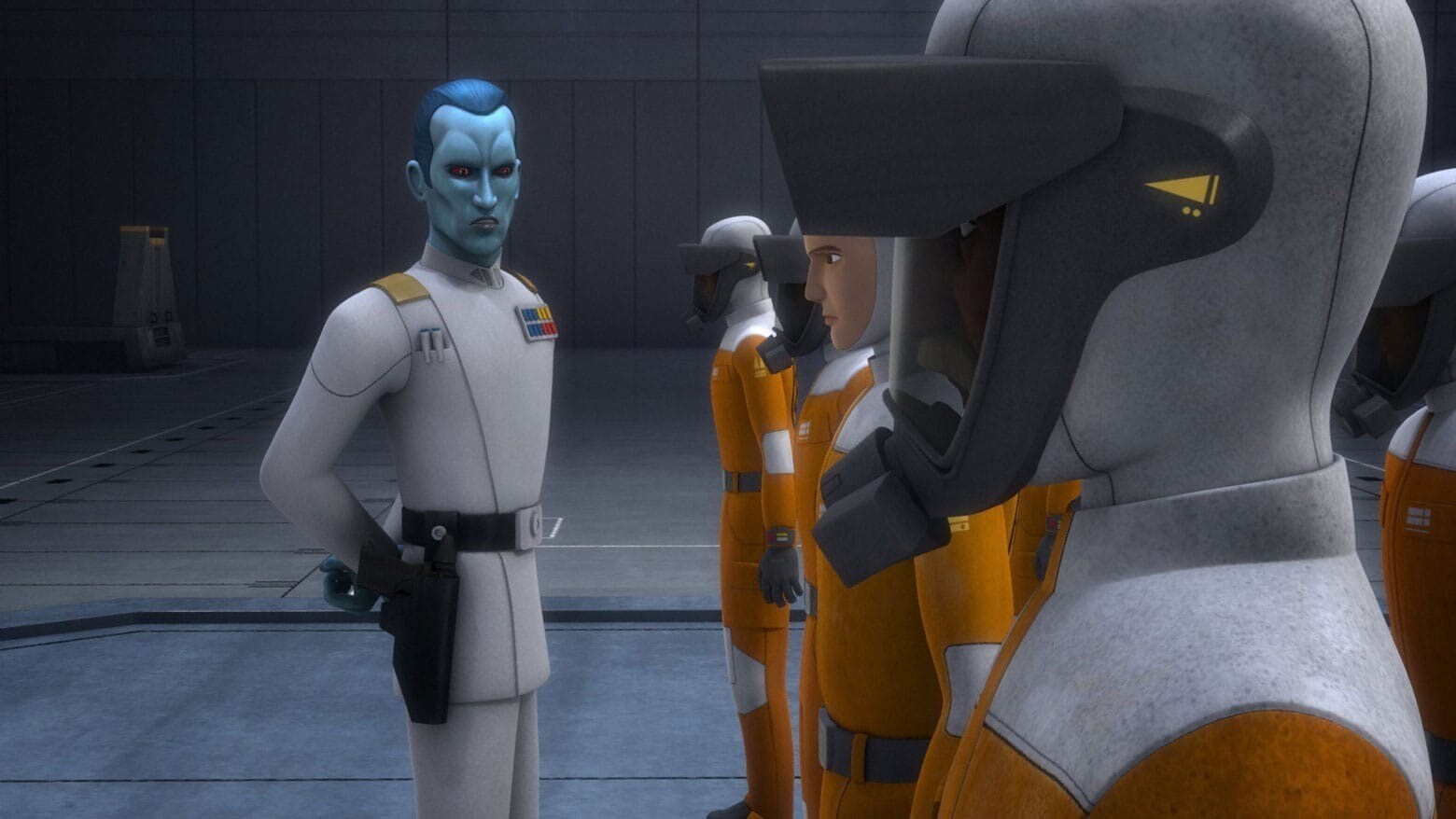 Ezra and Kanan in disguise at a manufacturing facility, getting interrogated by Grand Admiral Thrawn