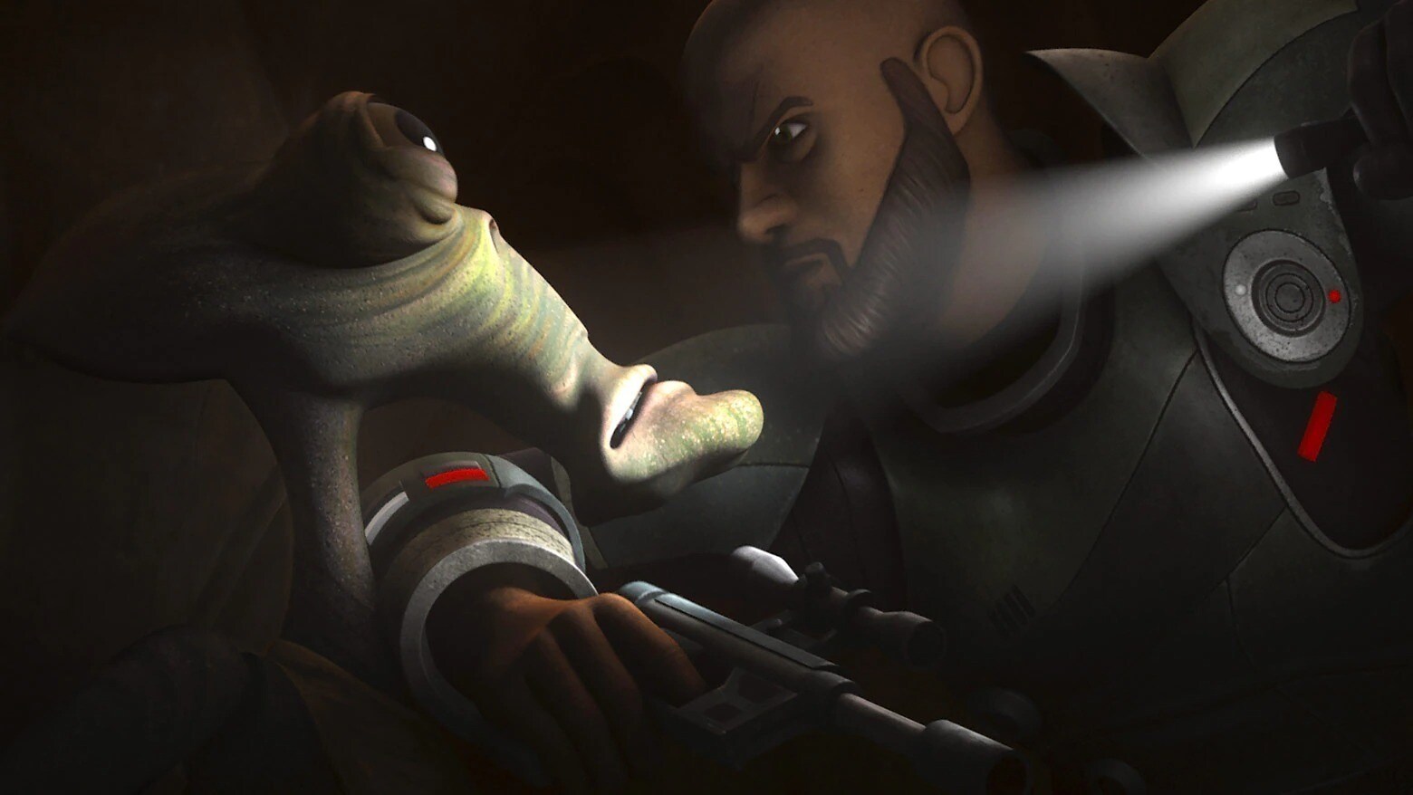 Saw Gerrera pointing a flashlight at the sole surviving Geonosian