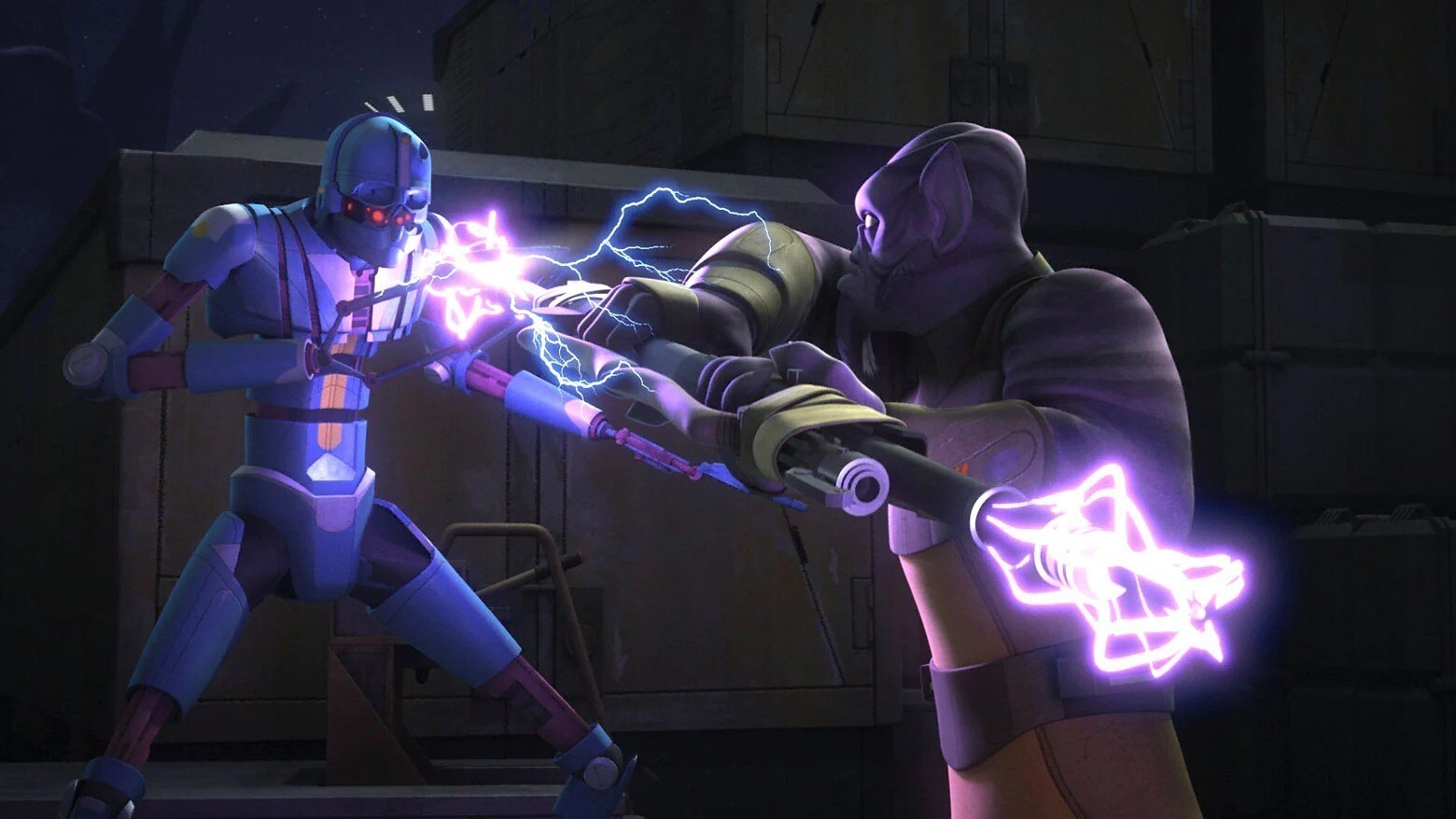 Zeb fighting a mysterious droid at the rebel base