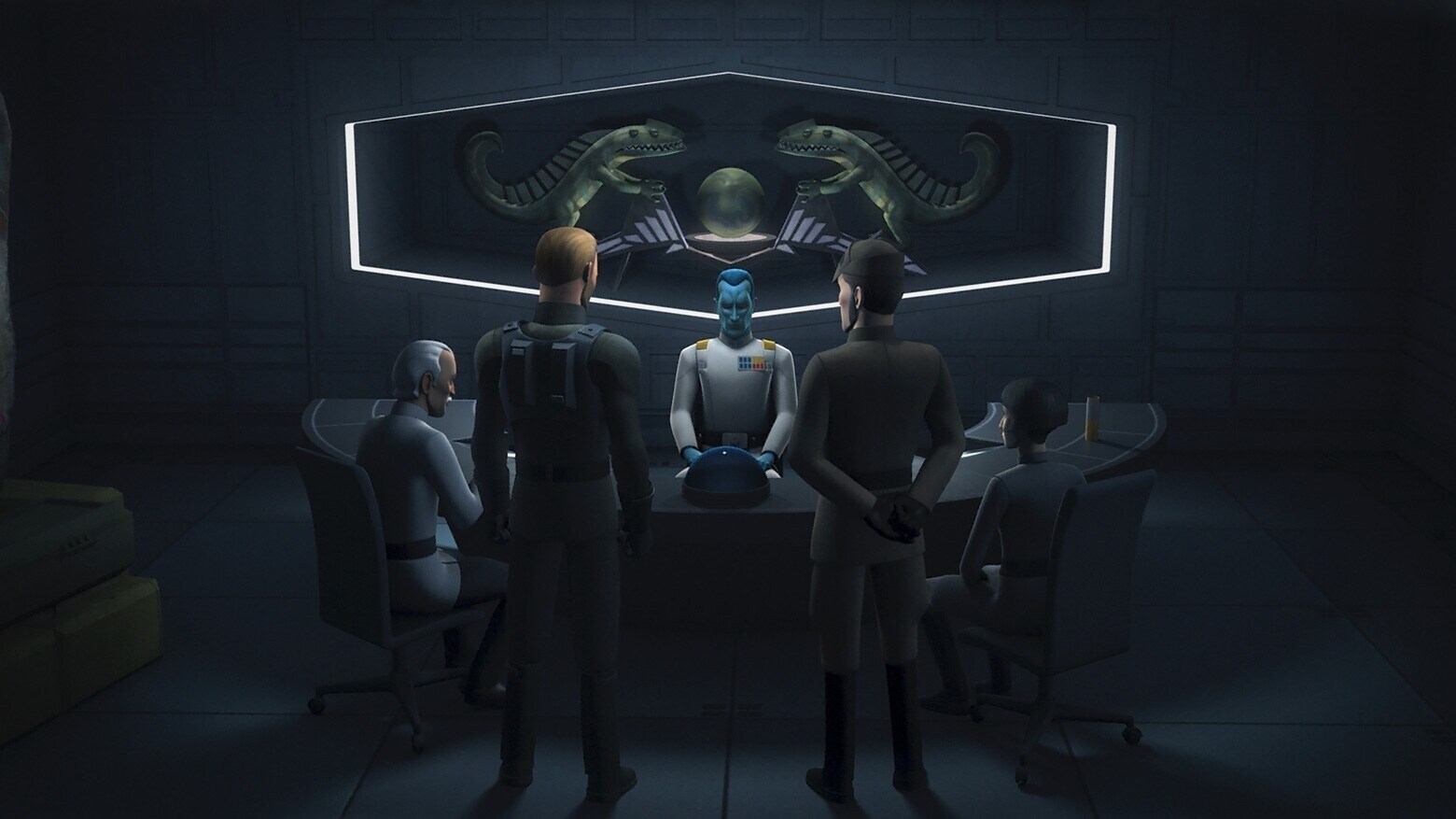 Grand Admiral Thrawn talking to Agent Kallus and other Imperial Security Bureau agents