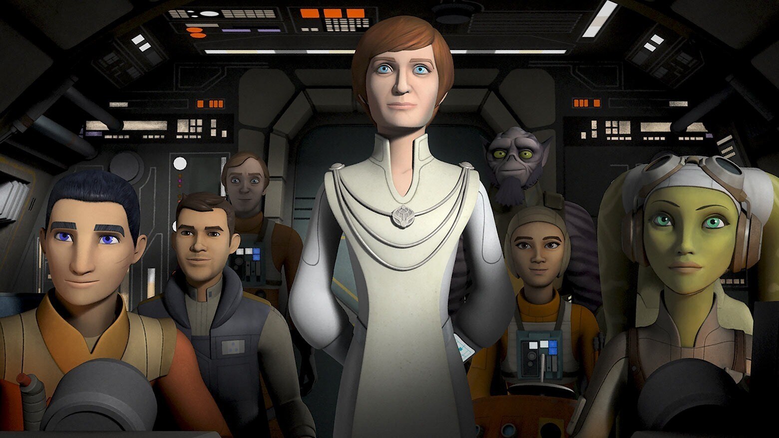 Mon Mothma with Ezra, Hera and more rebels on the Ghost