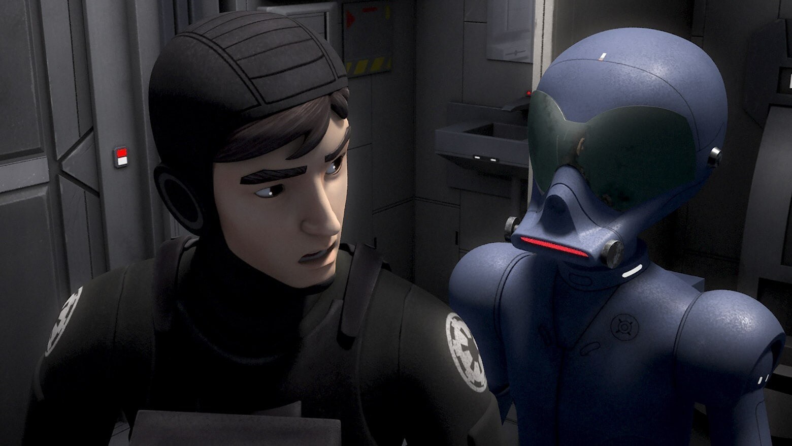 Droid AP-5 talking to rebel pilot Wedge Antilles