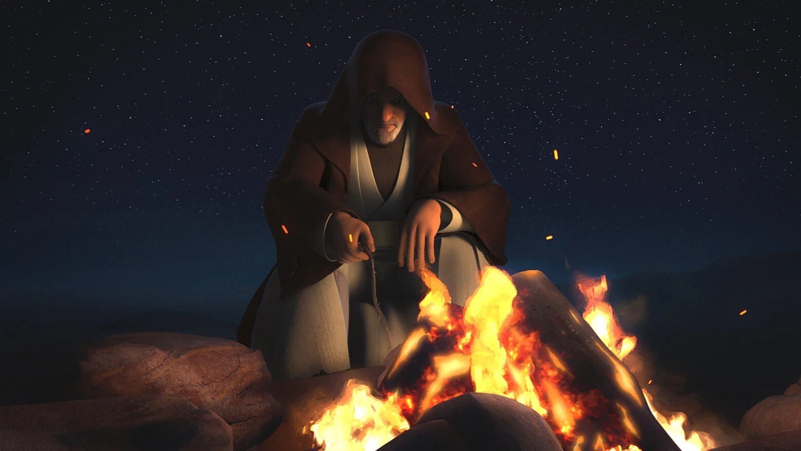 Obi-Wan Kenobi sitting by a campfire on Tatooine