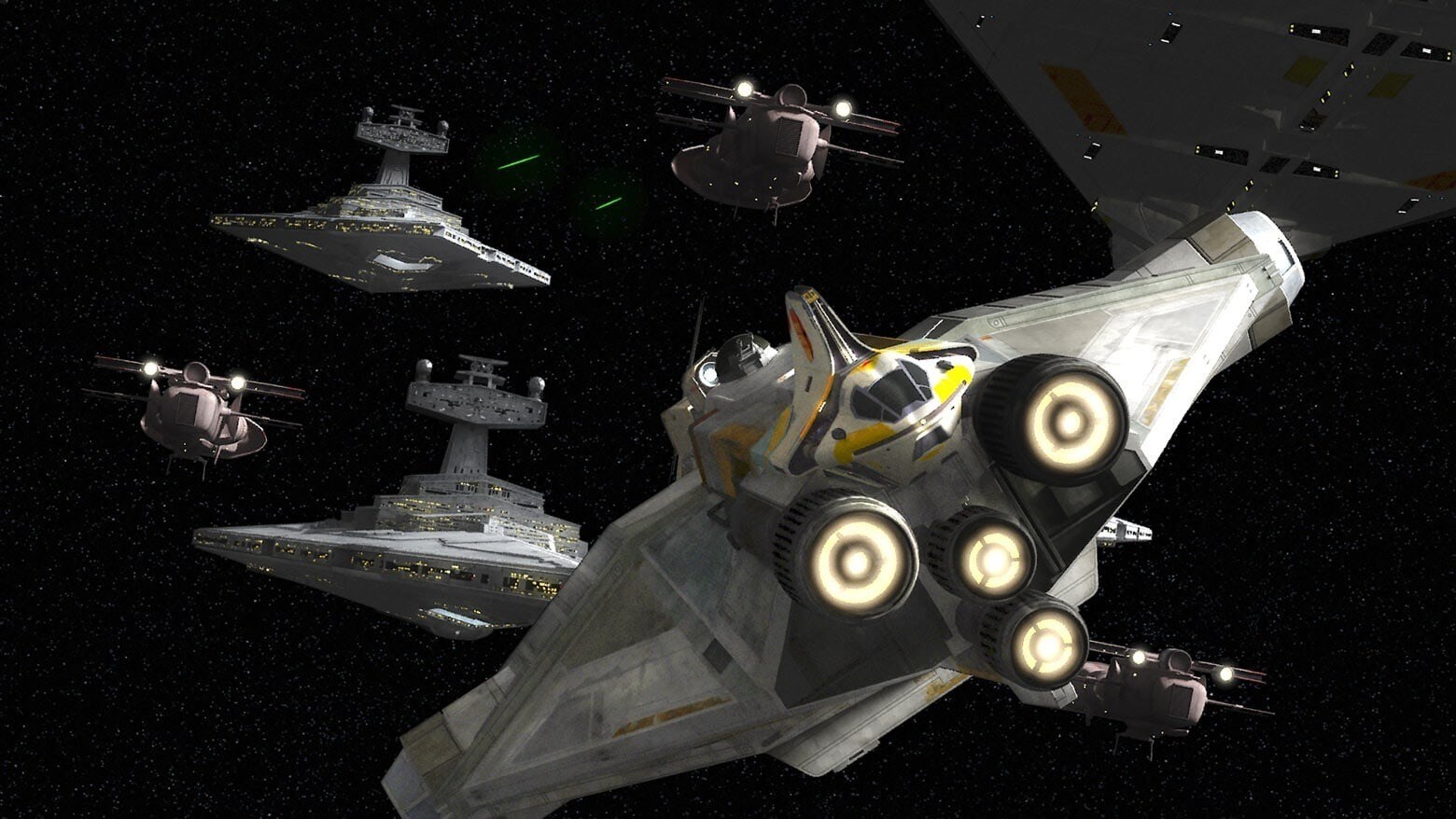The Ghost facing off against Imperial Star Destroyers in space