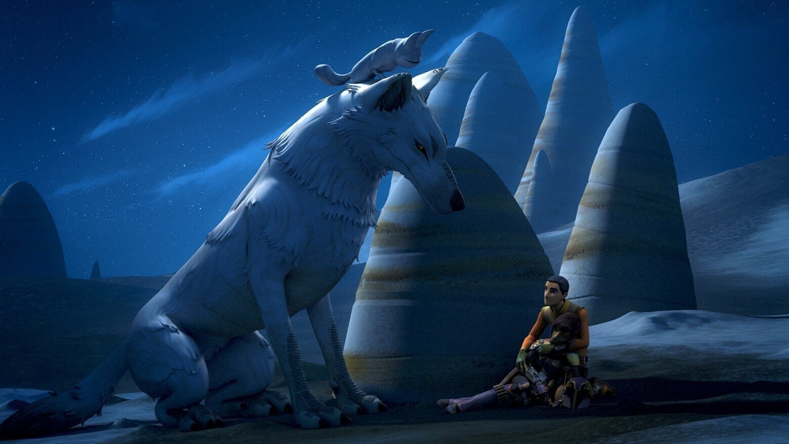 Ezra with a Loth-wolf and a Loth-cat on Lothal