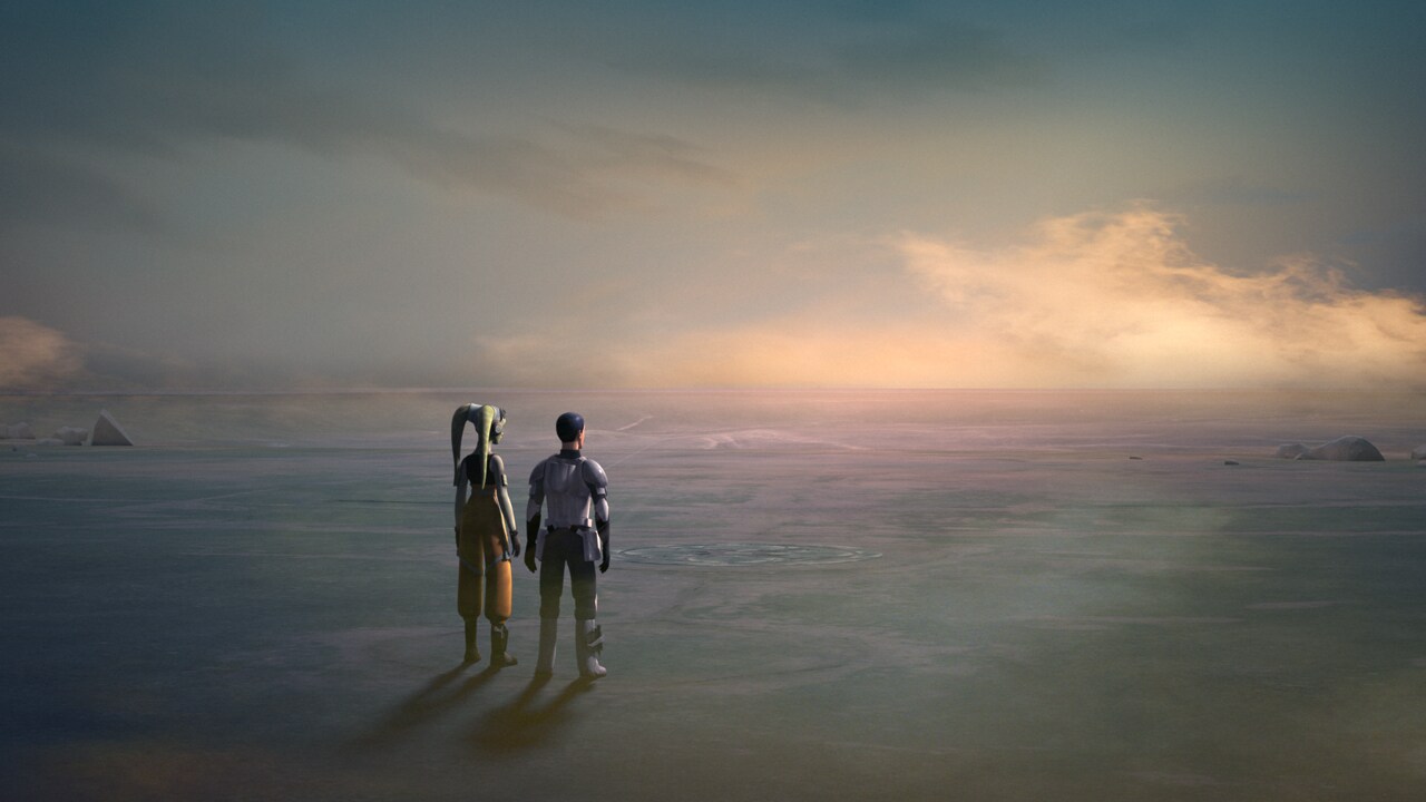 Hera Syndulla and Ezra Bridger remembering Kanan Jarrus in front of the Jedi Temple